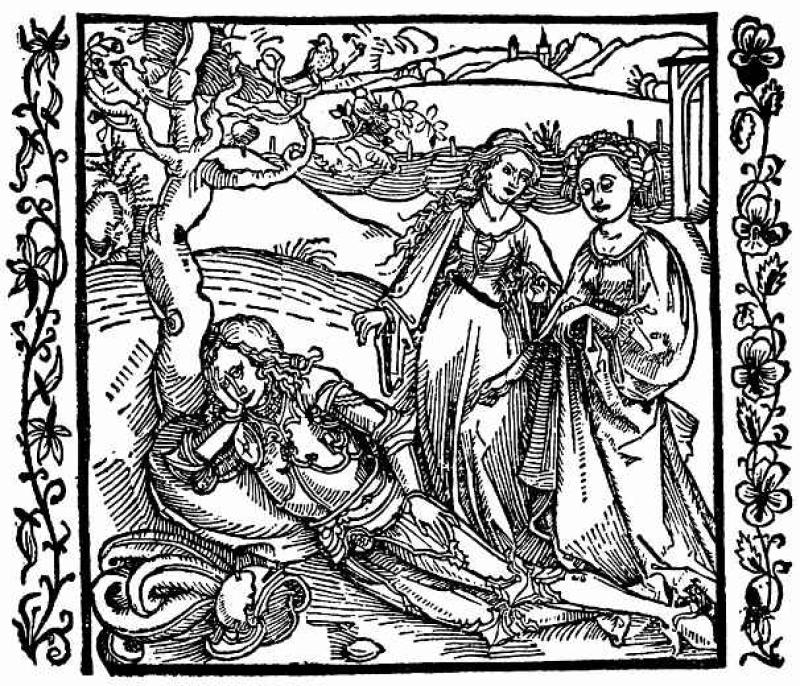 «Рыцарь де ля Тур спит в своём саду; его дочери прогуливаются», Альбрехт Дюрер, 1493 год