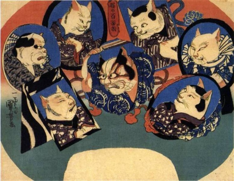 «Коты, одетые актерами Кабуки», Утагава Куниеси, 1842 г.