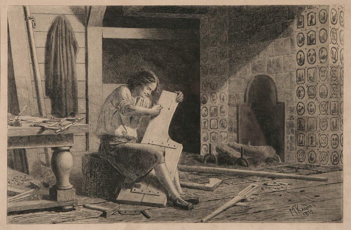«В мастерской (Петр I за изготовлением руля)». Худ. М. Клодт. 1872 год.