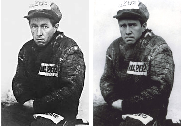 Слева — Александр Солженицын, постановочная съемка после лагеря. Справа — заключенный Глеб Нержин в исполнении Евгения Миронова (для сериала «В круге первом»)
