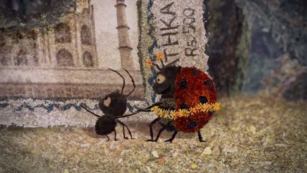 Кадр из «Чинти». Мультфильм сделан из чая. По сюжету, маленький, но упорный муравей, впечатленный фотографией Тадж-Махала, посвящает свою жизнь строительству его копии из подручных средств.